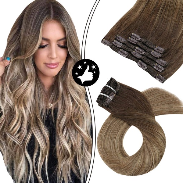 Moresoo 18 Inch Clip on Hair Extensions Remy Hair Extensions Clip in 100 Gram 7 Pieces Balayage Color #4Brown to #10Golden Brown and #16 Golden Blonde 100 Gram 7 Pieces Remy Clip in Hair Extensions