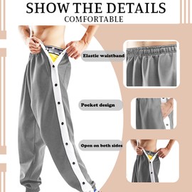 AUSTYLCO Men's Tear Away Basketball Pants Fully Open on Both Sides Snap Post-Surgery Sweatpants with Pockets for Knee Leg Hip Surgical
