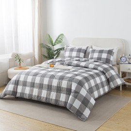 Caressma White Gray Plaid Comforter Set King, Farmhouse Grid Plaid Comforter Bedding Set for All Seasons, Classic Gingham Pattern Print Soft Microfiber 3 Pieces Comforter with Pillowshmas