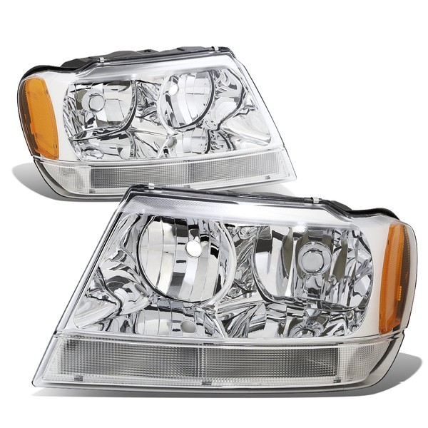 Auto Dynasty Pair of Chrome Housing Amber Corner Headlights Assembly HeadLamps Compatible with Jeep Grand Cherokee WJ 99-04