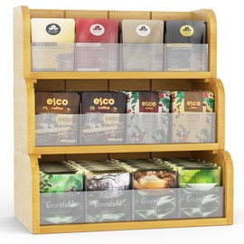 Bambition Bamboo Tea Bag Organizer, 3 Tier Stackable Tea Bags Storage Box with Acrylic Dividers