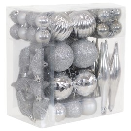 Sunnydaze Deck The Halls 59-Count Shatterproof Christmas Ball Ornament Kit with Hooks - Tree Decorations Set for Holiday Decor and Gatherings - Silver