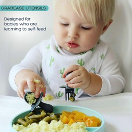 Grabease Baby and Toddler Self-Feeding Utensils – Spoon and Fork Set for Baby-Led Weaning – Made of Non-Toxic Plastic – Featuring Protective Barriers to Prevent Choking and Gagging