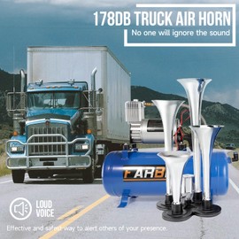 FARBIN Train Horn for Truck 178DB Super Loud Air Horns 4 Trumpet Horns Kit with 150 PSI 12V Air Compressor 6L Air Tank for Truck Car Jeep SUV Train Boat (1.6 gal 12V Blue Air Horn Kit)