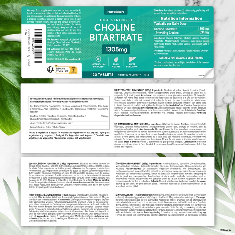 Choline Bitartrate Tablets 1305mg | 120 Count | High Strength