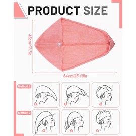 KEMUZ 1 x Microfibre Hair Towel, Super Absorbent Hair Turban for Wet Hair, Turban Towel with Button, for Home, Travel, Gym (Pink)