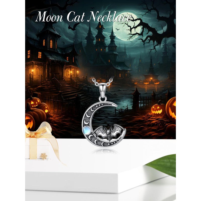 Qyvit Moon Bat Necklace 925 Sterling Silver Gothic Pendant Vampire