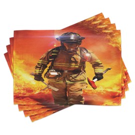 Lunarable Bombero Salvamantel Set de 4 Unidades, Servicios de Emergencia Temático, Material Lavable Estampado Decoración de Mesa Cocina, Standard Size, Multicolor