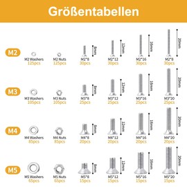 VIGRUE 1120 Pieces M2 M3 M4 M5 Countersunk Screws with Hexagon Socket Hex Flat Button Screw Set A2-70 Stainless Steel Countersunk Screws Nuts and Washers Assortment with Black Storage Case Box