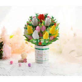 Paper Spiritz Tulips Pop Up Card for Mothers' Day, 3D Flower Bouquet Card For Mom Women,Birthday Card with Message Tag & Envelope