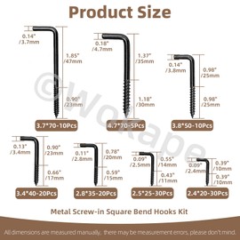 Wokape 125PCS 7 Sizes L-Shaped Screws Hook Kit, M2.4 M2.5 M2.8 M3.4 M3.7 M3.8 M4.7 Self-Tapping Right-Angle Hooks Hanging 7-Shaped Screw-in Hooks Square Bend Hook for Home/Workplace/Office(Black Zinc