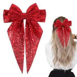 SSuirk Large Red Sequin Hair Bows for Women, Layered Ribbon Bow Clips with Long Tails, French Bowknot Barrettes for Hair Styling