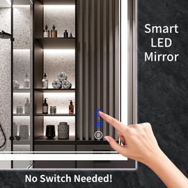 InfiniGlass 30"x22" LED Bathroom Mirror with Anti-Fog, Stepless Dimmable Lights, 3 Color Modes, Shatter-Proof Tempered Glass, Memory Function & Waterproof Design