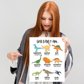 KEUSPI Positive Affirmations for Kids, Dinosaure Room Decor for Boys, CDinosaur God Says I am Christian Wall Art Prints, Christian Wall Decor, Christian Gifts for Kids, 8x10 Inch Unframed