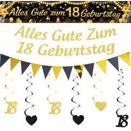 Xietaea Deko 18. Geburtstag Junge Mädchen - Schwarz Gold 18 Geburtstagsdeko Banner Girlande und Wimpel, Hängende Wirbel und Geburtstagsbanner für 18 Jahr Party Dekoration