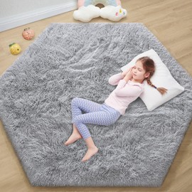 EVOIONOS Grey Hexagon Rug, Fluffy Area Rug for Bedroom, 4x4.6 Feet Shag Cute Carpet for Kids Girls Room, Fuzzy Plush Ultra Soft Cozy Non Slip Rug for Indoor Floor, Shaggy Furry Faux Fur Rug, Dorm Rug