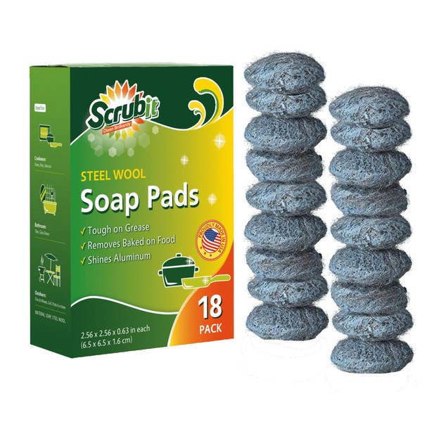 18 Pack Steel Wool Soap Pads by SCRUBIT - Metal Scouring Cooktop Cleaning Pads Used for Dishes, Pots, Pans, and Ovens - Pre-Soaped for Easy Cleaning of Tough Kitchen Grease and Oil