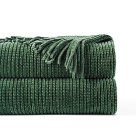 BATTILO HOME Dark Green Throw Blanket for Couch, Soft Chenille Knit Throws with Tassels for Home Decor, Spring Green Throws for Couch Cover, 50"x60"