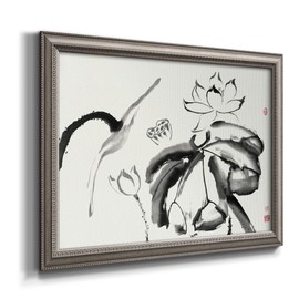 Abstract Wall Art Black and White Lotus Ink Painting Picture Modern Chinese Traditional Artwork for Home Decor Silvery Framed Canvas Prints Wall Decorations for Bedroom and Kitchen 22x31 Inch LS005
