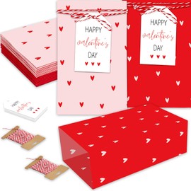 JarThenaAMCS 24Pcs Valentine's Day Party Favor Bags Red Pink Love Heart Paper Gift Bags With Tags & Hemp Rope Candy Treat Bags For Wedding Anniversary