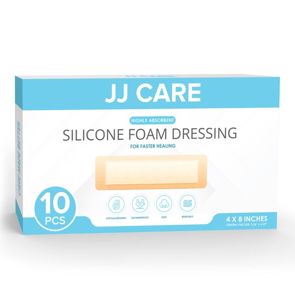 JJ CARE Silicone Foam Dressing 4x8 [Pack of 10], Silicone Bandages for Wounds, Waterproof Foam Dressing with Adhesive Border, Absorbent Bed Sore Bandages for Wound Care