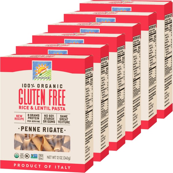 Bionaturae Penne Rigate Pasta Noodles - Gluten Free Pasta Organic, Rice & Lentil Pasta, Kosher Certified, High Protein, Non-GMO, USDA Certified, Gluten Free Pastas, Crafted in Italy - 12 Oz, 6 Pack