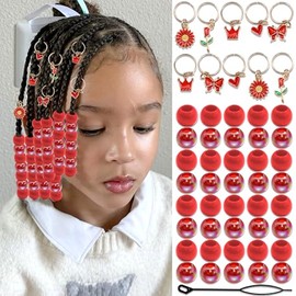 NAISKA 50PCS Red Hair Jewelry for Braids Cute Hair Beads Flower Heart Hair Charms for Girls 7 Styles Dreadlock Jewelry Loc Beads Valentine's Day Hair 