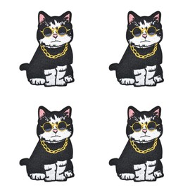 4pcs Cool Gold Chain Cat Embroidered Iron on Patches for Clothing, Sew on/Iron on Patches for Clothing, T-Shirts, Jackets, Backpacks, Jeans, Hats, Clothes Decorations