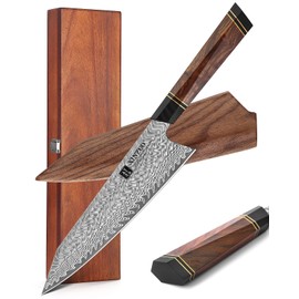 XINZUO 8.5 inch Chef Knife Damascus Steel Hand Forged Kiritsuke Kitchen Knife, Professional Gyuto Knife-Desert Ironwood Handle with Black Walnut Wooden Sheath and Acacia Wooden Box