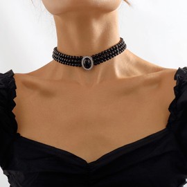 YUEKISEN Vintage 1920s Black Pearl Choker Necklace Dainty Pearl Rhinestone Choker Necklace Boho Multilayer Pendant Necklace Prom Party Bar for Women
