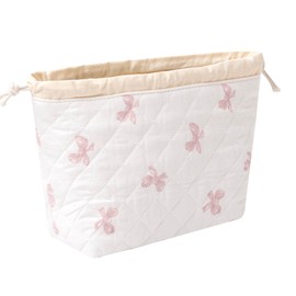 SURBEAV Aesthetic Cotton Quilted Drawstring Makeup Bag - Cute Travel Toiletry Organizer with Canvas Lining, Lightweight and Durable Cosmetic Pouch for Women Girls (Pink bow)