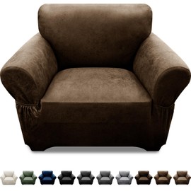 Pfrstuv Single Sofa Cover Leather Look Chair Covers for Living Room 1-Piece Sofa Chair Covers with Arms Stretch Furniture Protector with Elastic Bottom & Pockets(Armchair, Dark Brown)