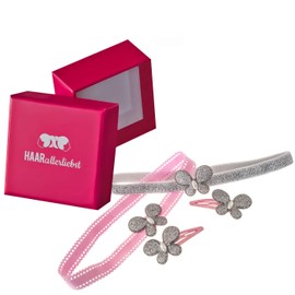 HAARallerliebst Set of 4 Hair Clips and Headband with Glittering Butterflies (3.5 cm | Pink Silver | 4 Pieces) Including Pink Box for Storage (Box Colour: Pink)