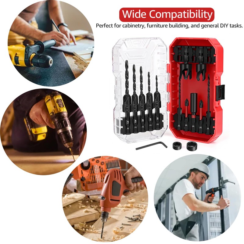 15 Piece Countersink Drill Bit Set for Woodworking, Tapered Drill