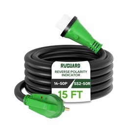 RVGUARD 50 Amp 15 Foot RV Power Cord with Reverse Polarity Indicator, 14-50P to SS2-50R Generator Extension Cord, Heavy Duty STW Cord with LED Power Indicator and Cord Organizer, Green, ETL Listed