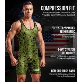Exxact Sports Digital Camouflage Men's Wrestling Singlet, High-Performance Powerlifting Singlet, Wrestling Singlets for Men (AS, Green Camo)