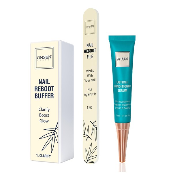 Onsen Japanese Nail File Buffer Sparkle-KIT 1.0, A Free 120/180 Grit Nail File,3-Way Nail Buffer Block, Cuticle Serum with Cuticle Oil in Action-15ml, Optimum Nail Care Series