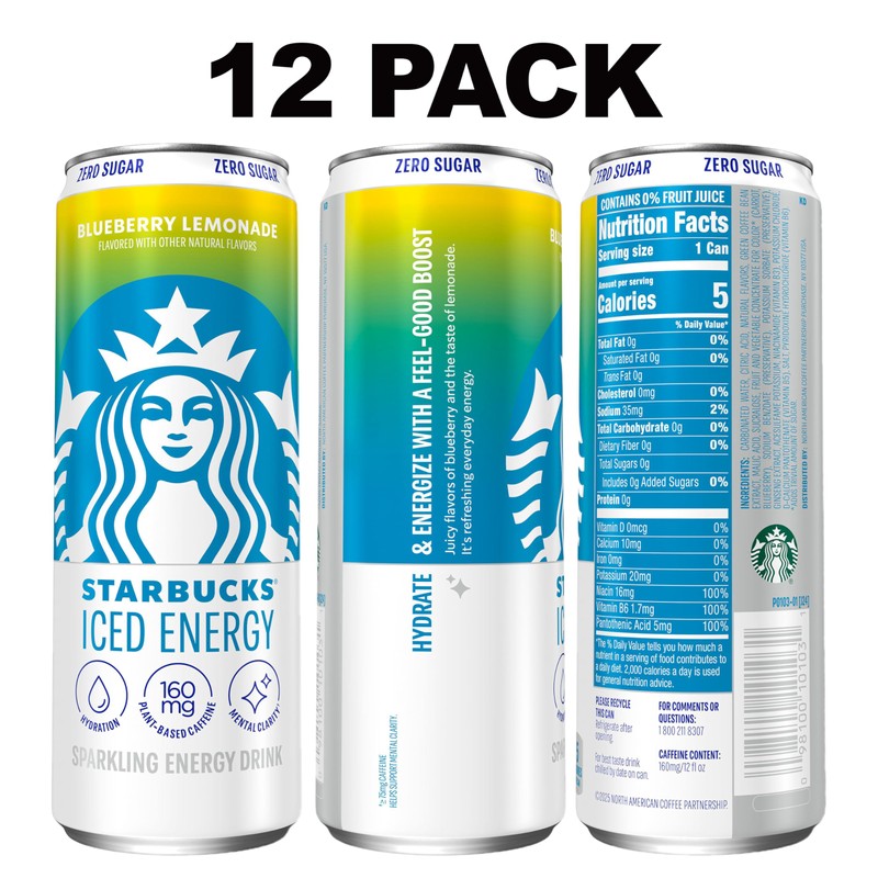 Starbucks Iced Energy Drink, Blueberry Lemonade, Zero Sugar Energy Drink,