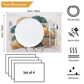 Placemats Set of 4 Pattern Blue Green Yellow Golden Ginkgo Washable Heat Resistant Linen Placemats for Kitchen Dining Table 32 x 44 cm