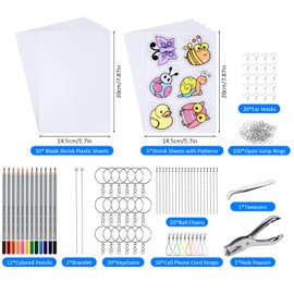 Ainiv 201 PCS Heat Shrink Plastic Sheets Pack, Shrinky Art Crafts Set Include 10 Blank Shrinky Art Film Paper, 5 Shrink Film with Pattern and 186 Craft Making Tool, DIY Hand Made Pendants Decorations