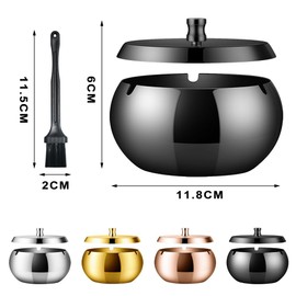 Geoyien Ashtray with Lid, Ashtray for Outdoor Use, Ashtray with Cleaning Brush, Windproof, Odourproof, Washable, Stainless Steel Ashtray for Living Room, Gardens, Offices, Balconies (Black)