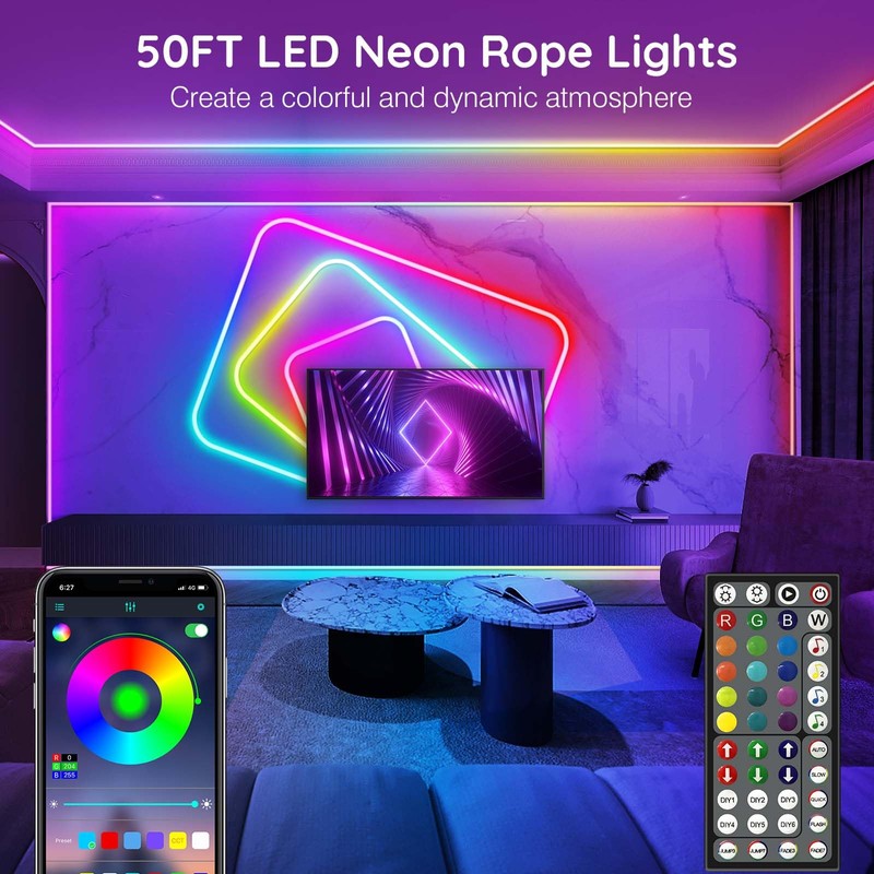 50Ft Neon Rope Lights,Flexible Led Rope Lights Control with App/Remote,Multiple