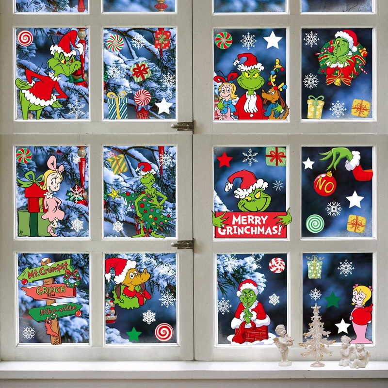 Aoiuenok Grinch Christmas Stickers, 9 Sheets Grinch Window Stickers, Grinch