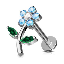 Jewseen Flower Cartilage Earring Flat Back Earrings CZ Cartilage Stud Internal Thread Helix Earrings G23 Titanium Nose Piercing, Titanium