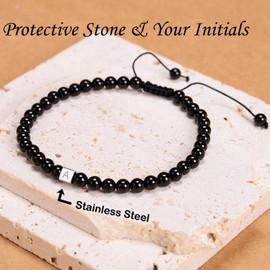 CHCCOYE 4mm Black Tourmaline - Super Protection - Handmade Initial Letter Braided Bracelet for Healing Power Energy Adult Unisex (A)