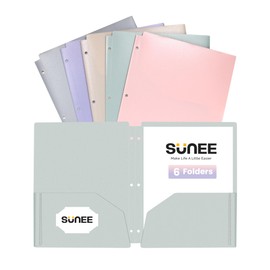 SUNEE 3 Hole Pocket Folders (6 Pack, Pastel Color), Plastic Pocket Folders for 3 Ring Binder, 3-Hole Punched Folders with Pockets, for Kids, Students, Teachers, Office Staff