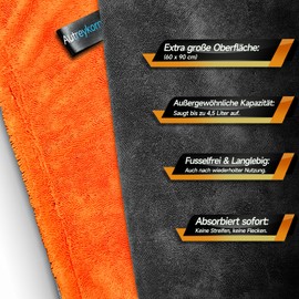 Autreykorn Car Drying Towel XXL 90 x 60 cm Microfibre Car Drying Towel with Twisting Yarn Technology Super Absorbent Scratch-Free for Car Washing and Care Dark Grey Orange
