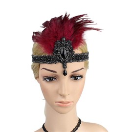 Roaring Art Deco 1920s Headpieces for Women Flapper Headband 20s Gatsby Costume Peacock Hair Accessories 08Wine Red