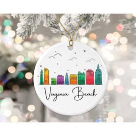 Virginia Beach City Ornament, Virginia Beach Christmas Ornament, Landmarks Xmas Ornament, Colorful City Skyline Graphic, New City Gifts for Christmas Printed on Both Sides