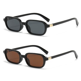 LJCZKA Retro Rectangle Sunglasses for Women Men Trendy Small Square Sunglasses 90s Vintage Narrow Frame Fashion Rectangular Sunnies UV400 Protection (Black Grey+Black Brown)